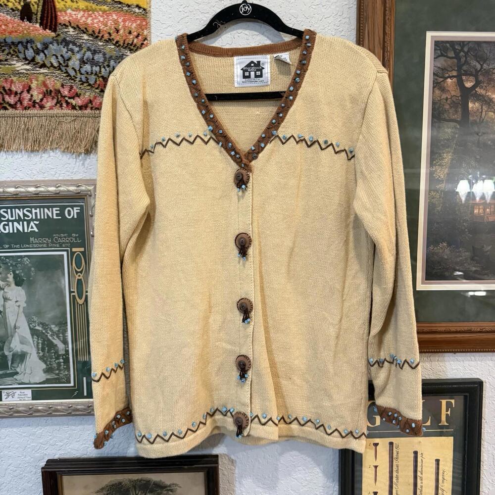 Vintage‎ Storybook Knits Cardigan Sweater Native American Turquois Beads Medium